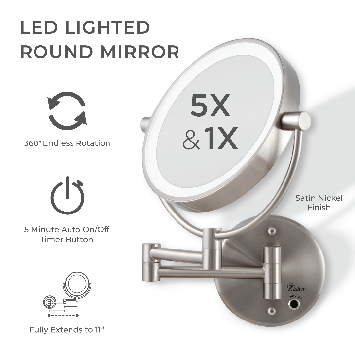 Lighted Wall Mounted Makeup Mirror with Magnification & Cordless