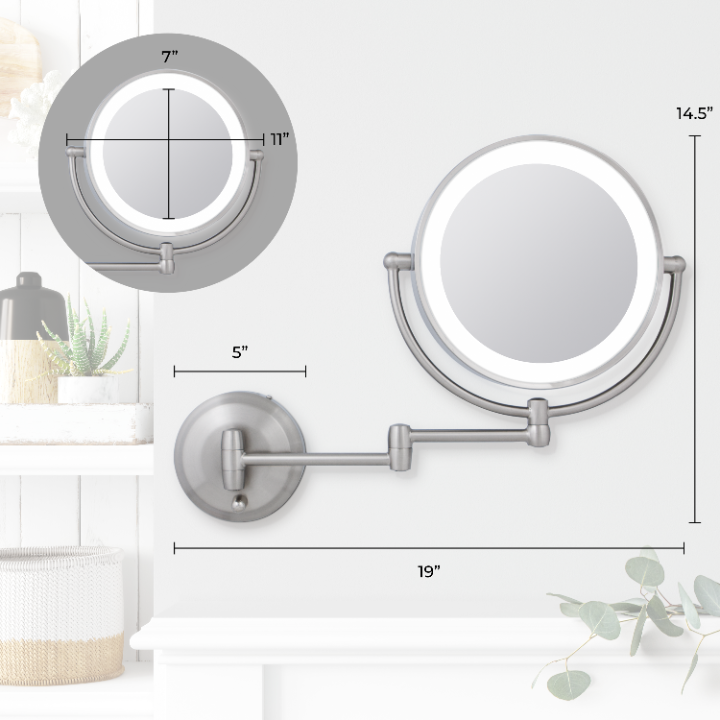 Lighted Wall Mounted Makeup Mirror with Magnification & Extendable Arm